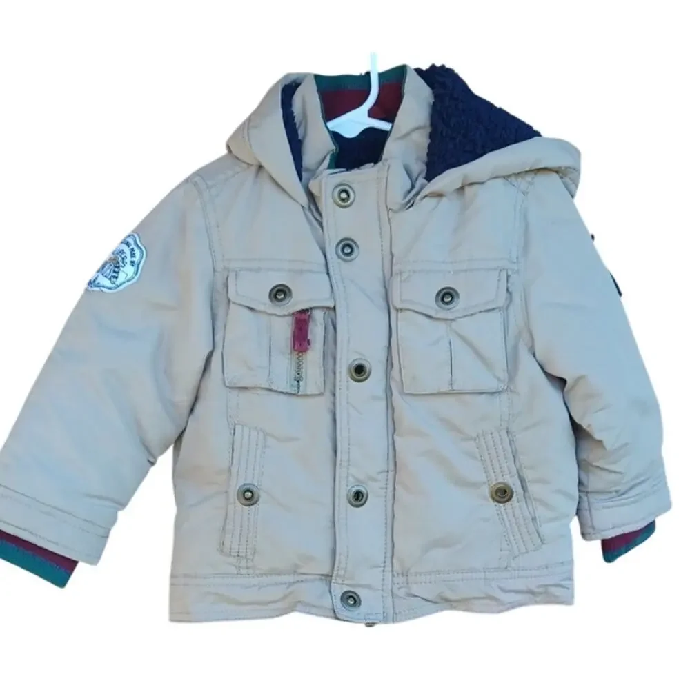 OshKosh B’gosh Boys 2T Beige Sherpa Lined Hooded Utility Jacket Coat
